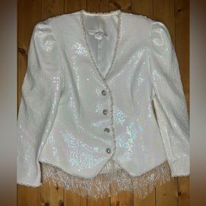Vintage Union Label Lillie Rubin White Sequin Beaded Fringe Blazer Sz Small/Med